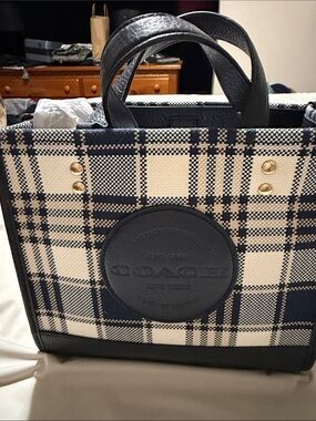 Coach Navy and Cream Plaid Leather-Trim Messenger Tote